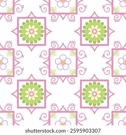 Seamless floral tile pattern with pink and green ornamental details on a light background. Inspired by vintage ceramic tiles, perfect for wallpapers, textiles, packaging, and decorative designs. (EPS)