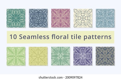 Seamless floral tile pattern set, decorative floral line art pattern for fabric print, textile, cards, invitation. vector illustration, background