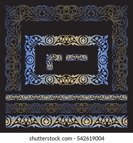 Seamless floral tiling border. Inspired by old ottoman and arabian ornaments. Gold blue color on black background