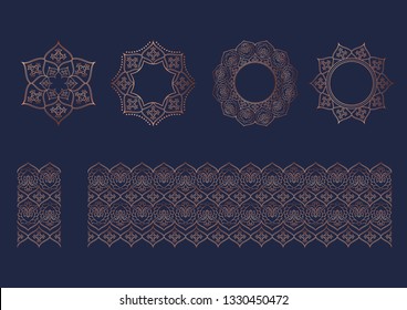 Seamless floral tiling borders and frame in copper color. Inspired by old ottoman, turkish, moroccan and arabian ornaments