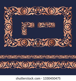 Seamless floral tiling borders and frame in copper color. Inspired by old ottoman, turkish, moroccan and arabian ornaments