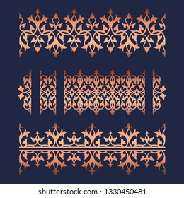 Seamless floral tiling borders and frame in copper color. Inspired by old ottoman, turkish, moroccan and arabian ornaments