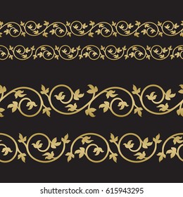 Seamless floral tiling borders and frame in gold color. Inspired by old ottoman and arabian ornaments