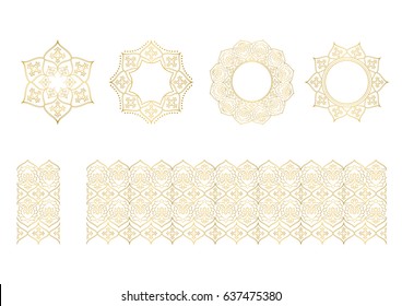 Seamless floral tiling borders and frames in gold color. Inspired by old ottoman and arabian ornaments