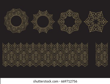 Seamless floral tiling borders and frames in gold color. Inspired by old ottoman and arabian ornaments