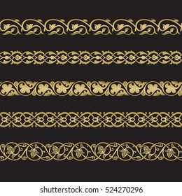 Seamless floral tiling borders. Inspired by old ottoman and arabian ornaments. Gold color on black background