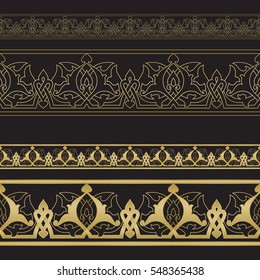 Seamless floral tiling borders. Inspired by old ottoman and arabian ornaments. Gold color on black background