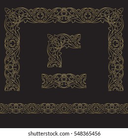 Seamless floral tiling borders. Inspired by old ottoman and arabian ornaments. Gold color on black background