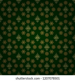 Seamless floral tiling pattern in gold and green colors. Vintage damask ornament.
