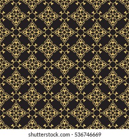 Seamless floral tiling pattern in gold and black colors. Inspired by old ornaments