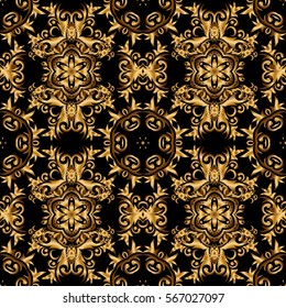 Seamless floral tiling pattern in gold and black colors. Vintage damask ornament.