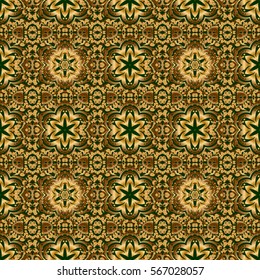 Seamless floral tiling pattern in gold and green colors. Vintage damask ornament.