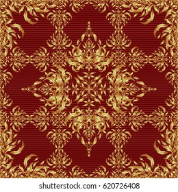 Seamless floral tiling pattern in gold and red colors. Vintage damask ornament.
