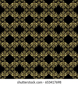 Seamless floral tiling pattern in gold and black colors. Vintage damask ornament.