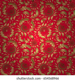 Seamless floral tiling pattern in gold and red colors. Vintage damask ornament.