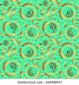 Seamless floral tiling pattern in gold and green colors. Vintage damask ornament.