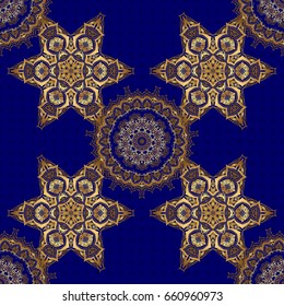 Seamless floral tiling pattern in gold and blue colors. Vintage damask ornament.