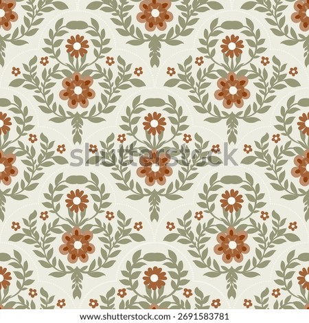 Seamless floral trellis pattern in soft cream and olive hues with delicate folk-inspired motifs, vector illustration for textile and decor.