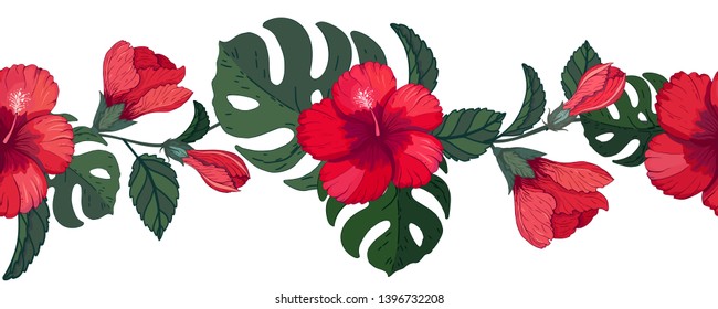 Seamless floral tropical border with hibiscus and monstera. Endless horizontal decorative pattern brush