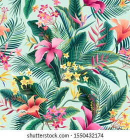 seamless floral tropical pattern with hibiscus and plumeria