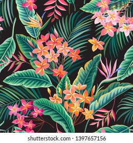 padrão tropical floral sem emenda, folhas tropicais e flores