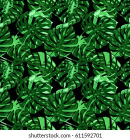 Seamless floral tropical pattern with palm leaves, jungle leaf,, vector illustration. Summer botanical background
