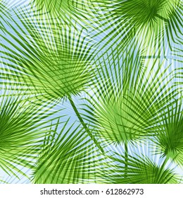 Seamless floral tropical pattern with palm leaves, jungle leaf,, vector illustration. Summer botanical background