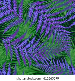 Seamless floral tropical pattern with palm leaves, jungle leaf, vector illustration. Summer botanical background