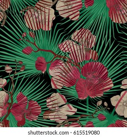 Seamless floral tropical pattern with palm leaves, jungle leaf and orchid branch, vector illustration. Summer botanical background