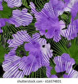 Seamless floral tropical pattern with palm leaves, jungle leaf and orchid branch, vector illustration. Summer botanical background