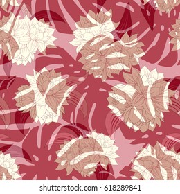 Seamless floral tropical pattern with palm leaves, jungle leaf and flowers branch, vector illustration. Summer botanical background