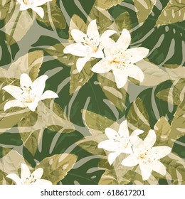 Seamless floral tropical pattern with palm leaves, jungle leaf and flowers branch, vector illustration. Summer botanical background