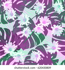 Seamless floral tropical pattern with palm leaves, jungle leaf and flowers, vector illustration. Summer botanical background