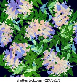 Seamless floral tropical pattern with palm leaves, jungle leaf and flowers, vector illustration. Summer botanical background