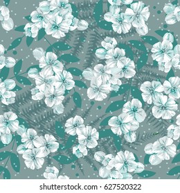 Seamless floral tropical pattern with palm leaves, jungle leaf and flowers, vector illustration. Summer botanical background