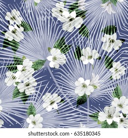 Seamless floral tropical pattern with palm leaves, jungle leaf and flowers, vector illustration. Summer botanical background