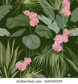 Seamless Floral Tropical Print with Exotic Flowers and Orchid Blossoms, Nature Ornament for Textile or Wrapping Paper. Jungle Leaves on Deep Green Background, Rainforest Plants. Vector Illustration