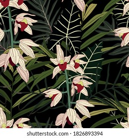 Seamless Floral Tropical Print with Exotic Orchid  Flowers, Nature Ornament for Textile or Wrapping Paper. Jungle Leaves on Deep Green colors Background, Rainforest Plants.