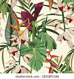 Seamless Floral Tropical Print with Exotic Orchid and callas lilly Flowers, Nature Ornament for Textile or Wrapping Paper. Jungle Leaves colorful Background, Rainforest Plants. Beige background.