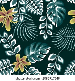 Seamless Floral Tropical Print with Exotic abstract hibiscus Flower, Nature Ornament for Textile or Wrapping Paper. Jungle Leaves colorful Background, Rainforest Plant. dark background. Summer themed