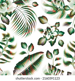 Seamless Floral Tropical Print with Exotic banana leaf and jasmine Flowers, Nature Ornament for Textile or Wrapping Paper. Jungle Leaves colorful Background, Rainforest Plants. Beige background.