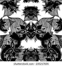 Seamless floral vector background. Hand drawn. Black and white Pattern