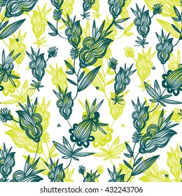 Seamless floral vector background. Hand drawn. Oriental colorful or monochrome Pattern.