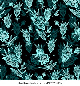 Seamless floral vector background. Hand drawn. Oriental colorful or monochrome Pattern.
