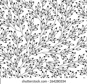 Seamless, floral, vector background. Strict pattern of black twigs on a white background