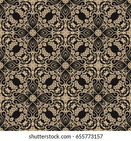 Seamless floral vector  black background, damask baroque pattern, floral leaf  curly ornament for wallpaper of wrapping paper design decor