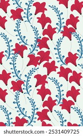 seamless floral vector blue leaf and red flower on white background
