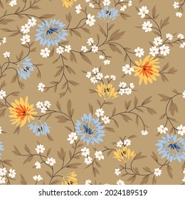 seamless floral vector blue and yellow flowers with brown leaves pattern on background