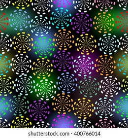 Seamless floral vector in cheerful colors on contrasting black background with colorful lights