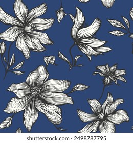 Seamless floral vector concise black and white handmade ink drawing for fabric design, decor, ceramics, greeting cards, flowers, texture print on dark backgrounds